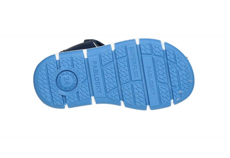 Sandalia Cubierta Piel Azul Velcro Cuello Pespunte Amarillo
