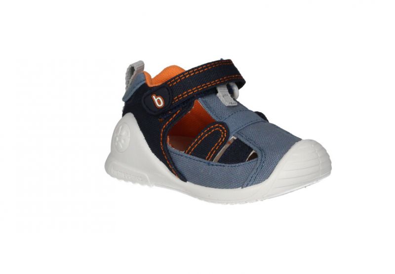 Bota Sandalia Lona Azul y Jeans Velcro Pespuntes Naranja