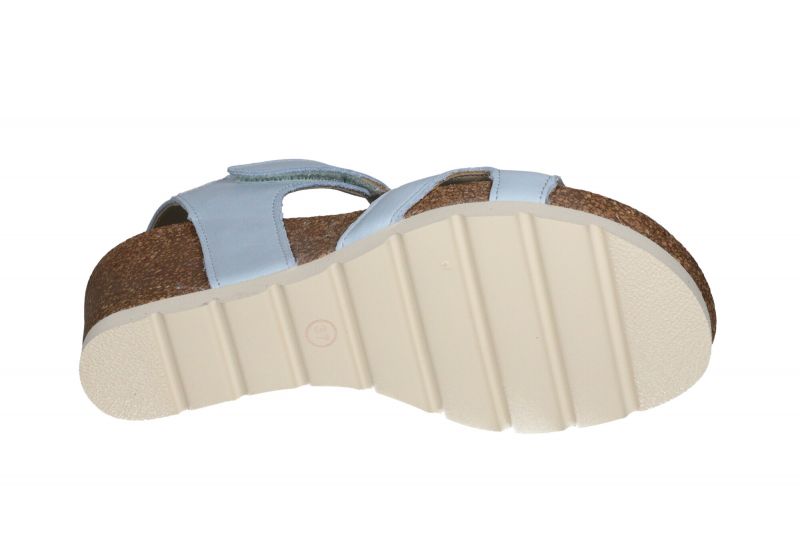 Sandalia Velcro Piel Celeste Tres Tiras Cuña Corcho