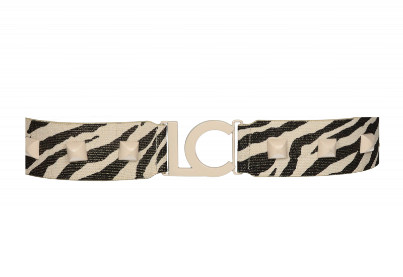 Cinturon Elastico Beige Estampado Cebra Tachas y Logo Al Tono
