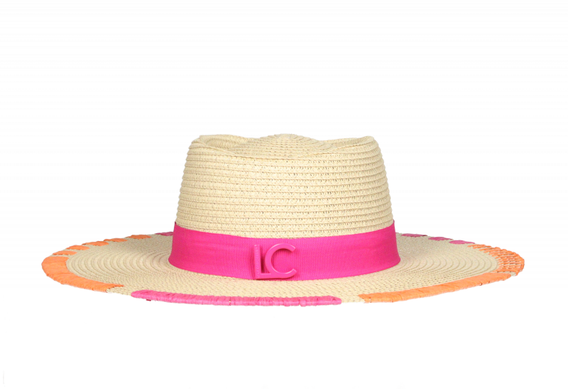 Sombrero Natural Bordados Cinta y Logo Lacado Fuxia