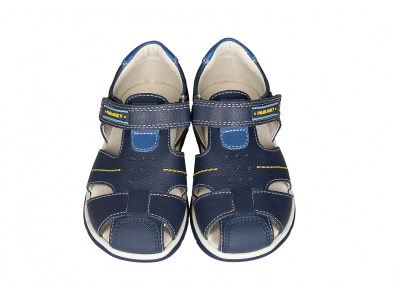Sandalia Cubierta Piel Velcro Azul Pespuntes Amarillo