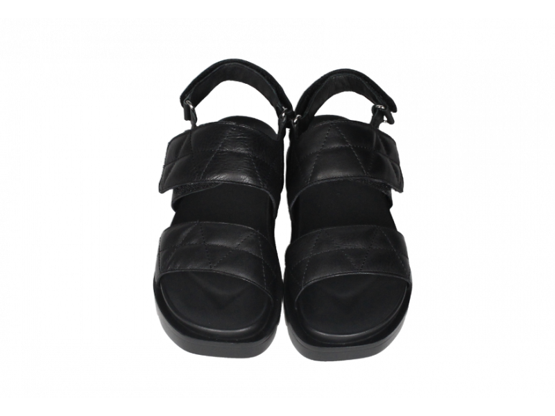 Sandalia Piel Negro Velcro 3 Tiras Pespuntes