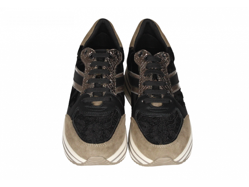 Sneaker Nobuck/piel Taupe-negro Estampado Lateral Piso Grueso