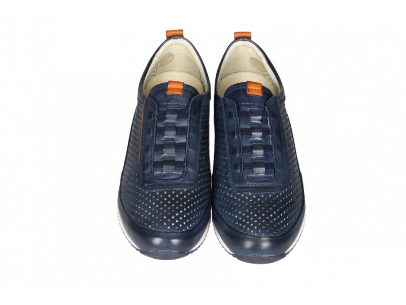 Sneaker Piel Calados Azul Cordon Elastico Pieza Talon Naranja
