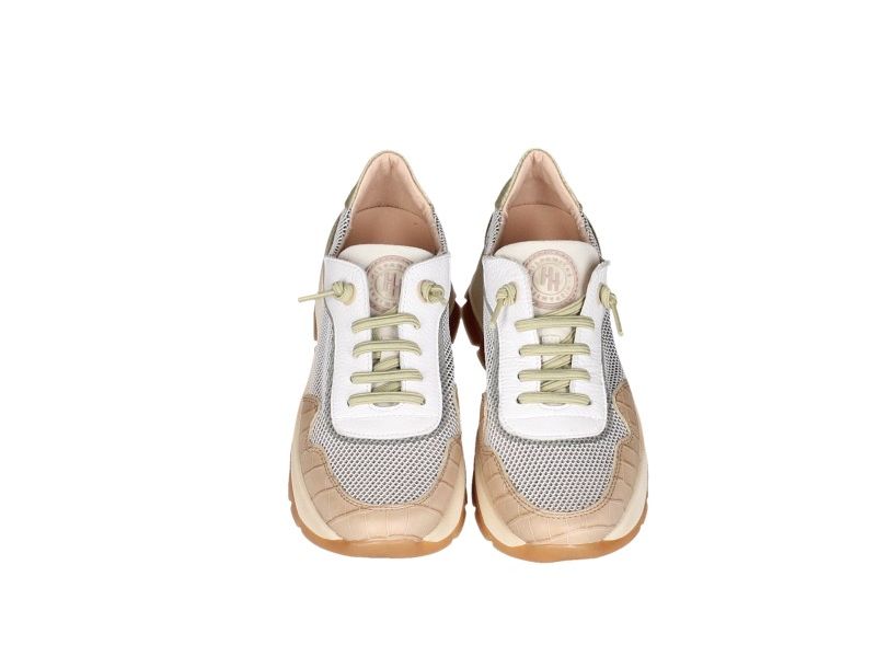 Sneaker Piel/rejilla Blanco-taupe-kaki Piso Grueso